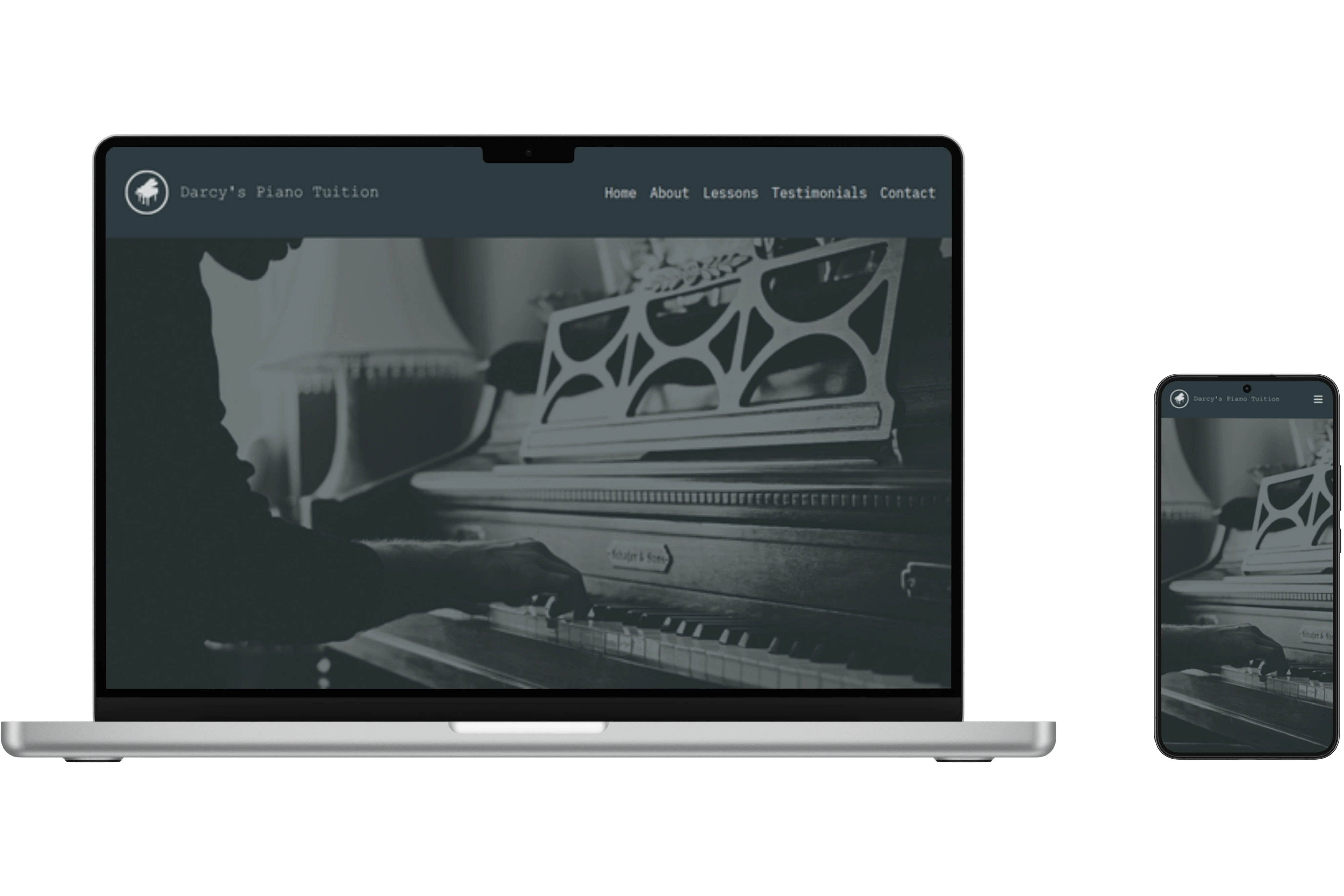 Darcy's Piano Tuition homepage shown on a laptop and mobile