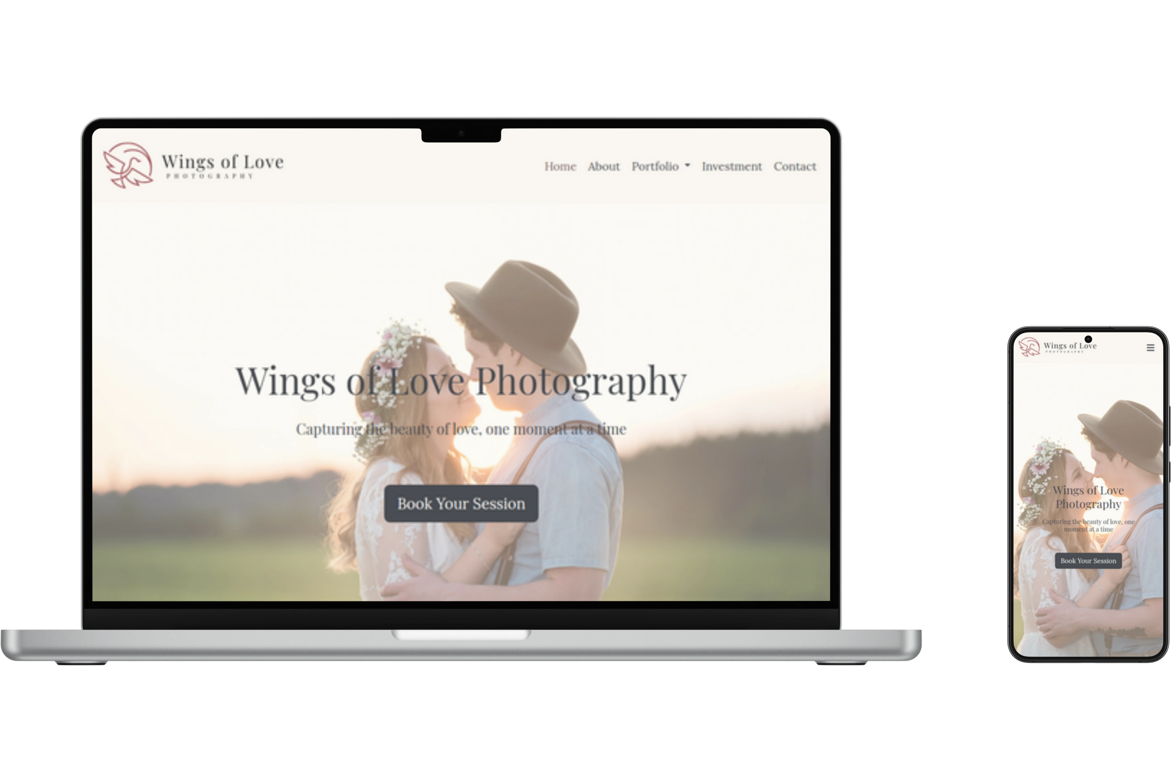 Wings of Love Photography homepage shown on a laptop and mobile